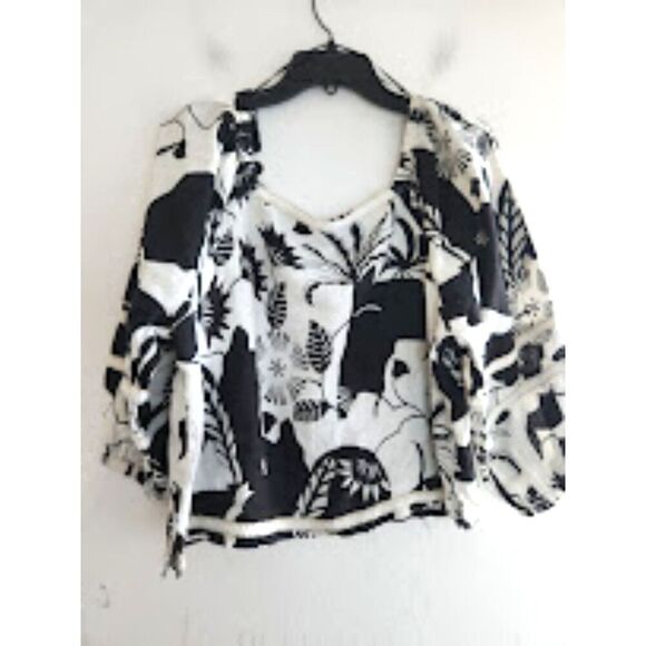 Nicole Miller Women Black White Floral Off The Shoulder 100% Linen Blouse Large - Picture 2 of 6